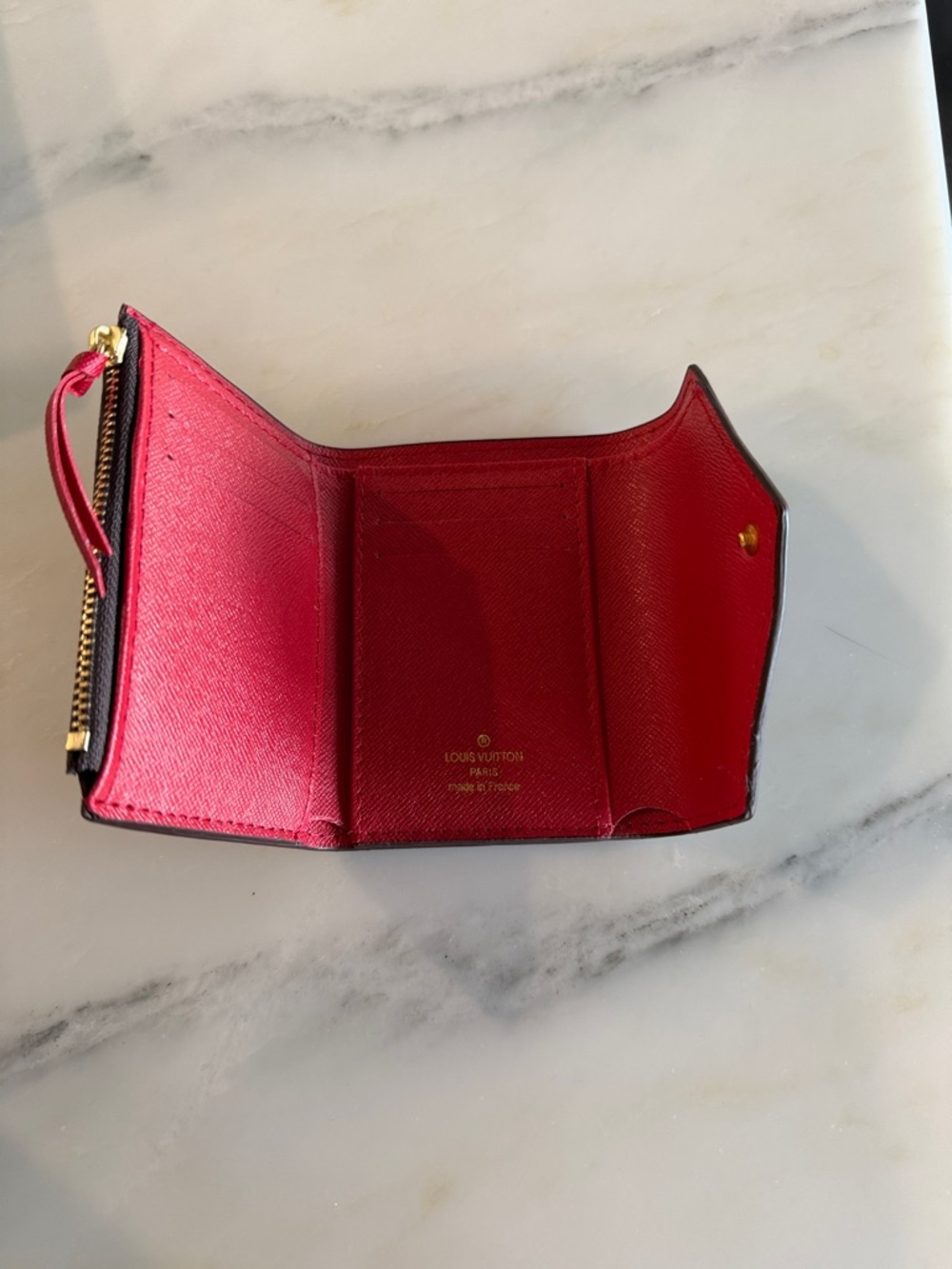 Monogram Compact Wallet in Brown with Red Snap- replication - Picture 2 of 4
